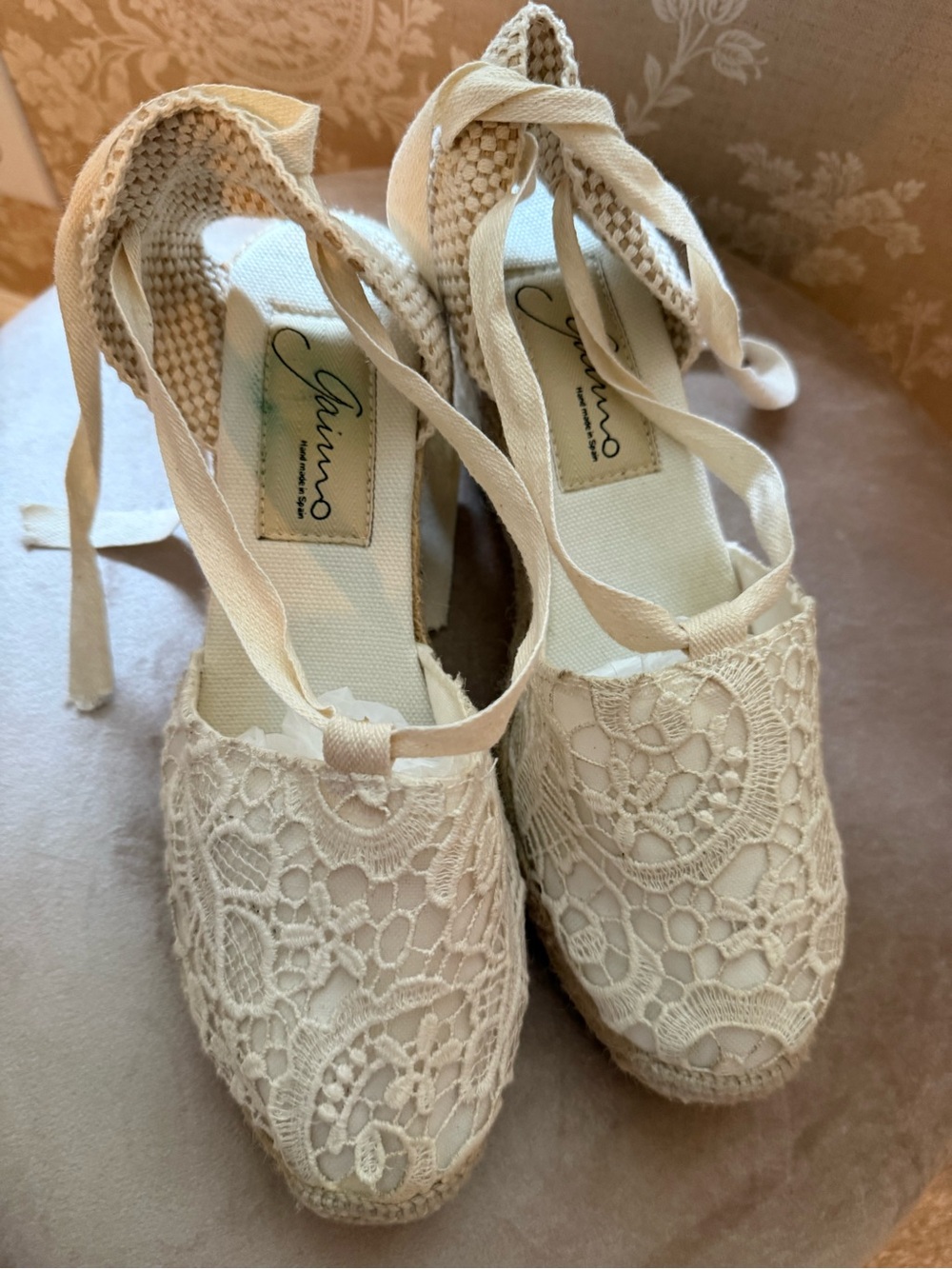 Gaimo hand made Lace Ankle-Tie Espadrille Wedges in Cream